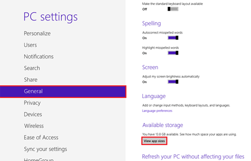 Windows RT PC Settings, General, View App Sizes